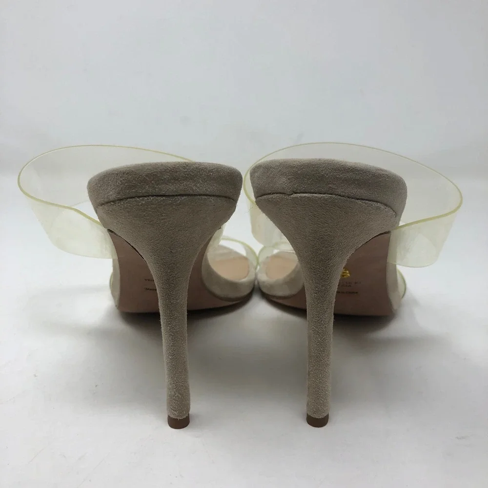 Veronica Beard Asha Sandals Womens 7.5 Tan Suede Clear PVC Double Strap Stiletto